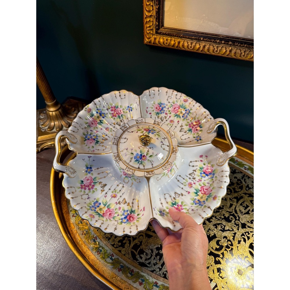 Antique Dresden Porcelain‎ Relish Dish: Hand-Painted Roses, Gilded Handles - Picture 10 of 11